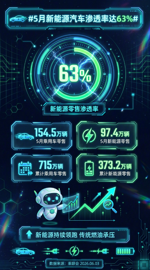 燃油加速失守！5月新能源销售渗透率63%：零跑一骑绝尘成最大黑马