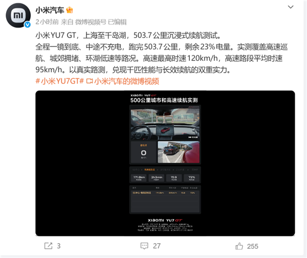 中途不充电！小米YU7 GT续航首测：跑完503.7公里还有23%的电量