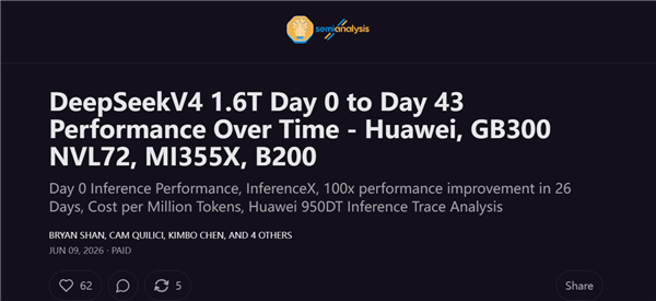 DeepSeek V4推理性能分析:NV华为最优 AMD实现100x提升