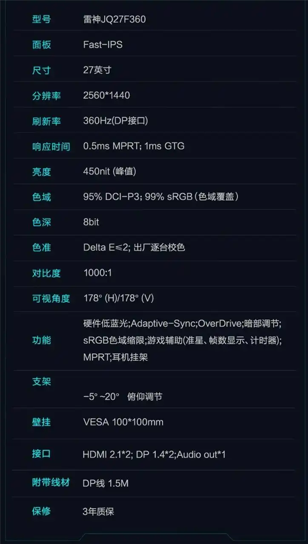 雷神推电竞显示器JQ27F360：2K 360Hz 售价1599元
