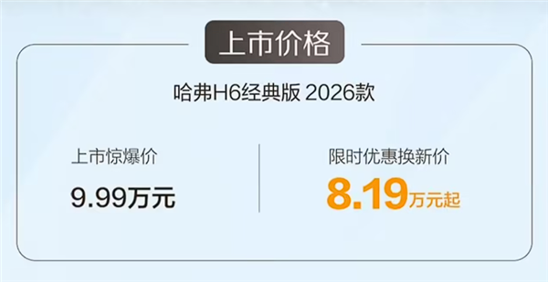 曾经的国民神车 2026款哈弗H6经典版上市：限时8.19万起