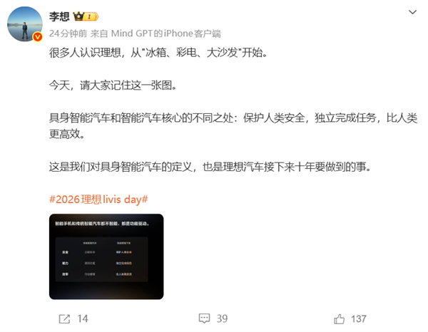 李想：很多人从冰箱、彩电、大沙发认识理想 但今天请记住这张图
