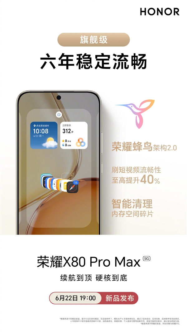 荣耀X80 Pro Max适配荣耀蜂鸟架构2.0:六年流畅!刷短视频流畅度提升40%