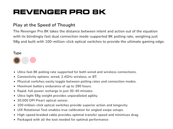 仅58克!骨伽推出Revenger Pro 8K鼠标:三模连接+8K回报率