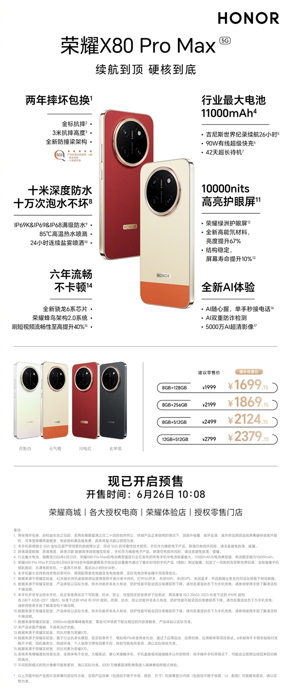 1699.15元起!一图读懂荣耀X80 Pro Max:续航创造吉尼斯纪录