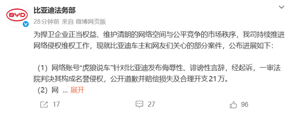 比亚迪法务部晒维权战报:多家自媒体败诉排队道歉、有人判赔21万元