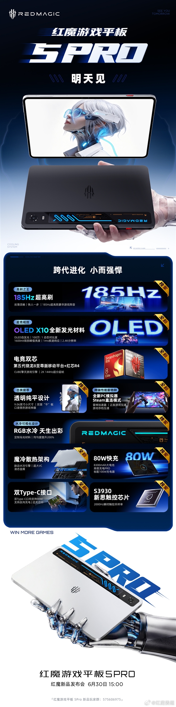 行业最强小钢炮！红魔游戏平板5 Pro明天发布：配置全面汇总