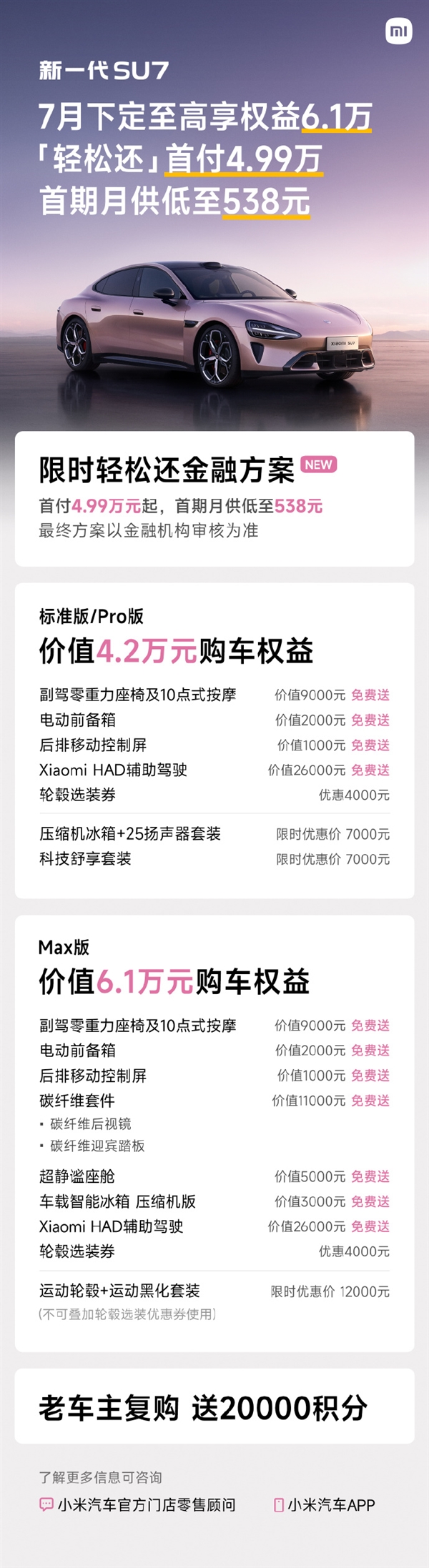 小米SU7新分期上线：首付4.99万 月供低至108元