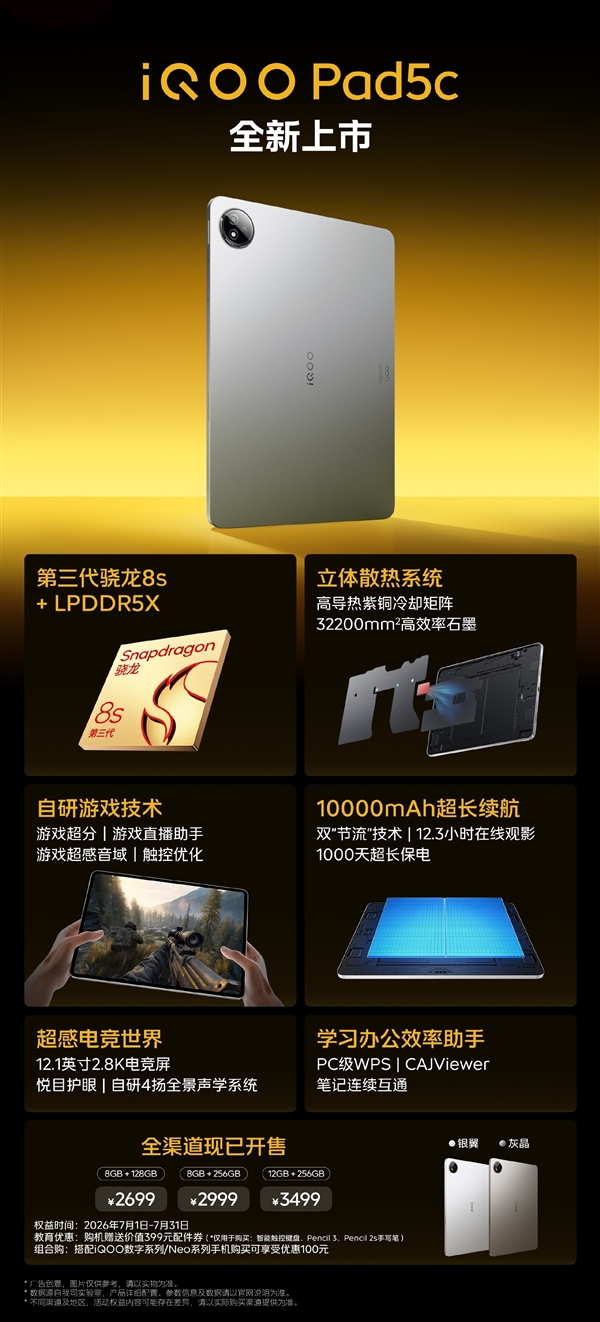 2699元起!iQOO Pad5c发布:12.1英寸大屏+第三代骁龙8s