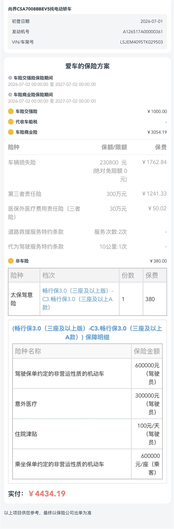 300万三者险!博主分享尚界Z7T首年保费:比很多油车都低