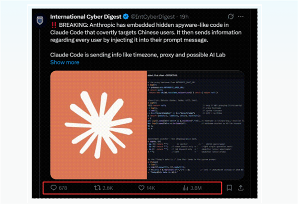 美国最强AI企业Anthropic编程工具中暗藏对中国的监视代码:持续3个月