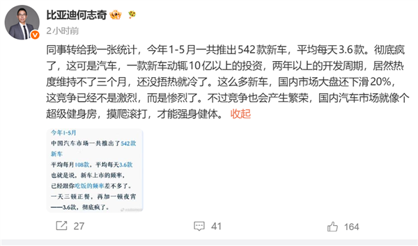 平均每天3.6款！比亚迪高管谈国内5个月推542款车:彻底疯了