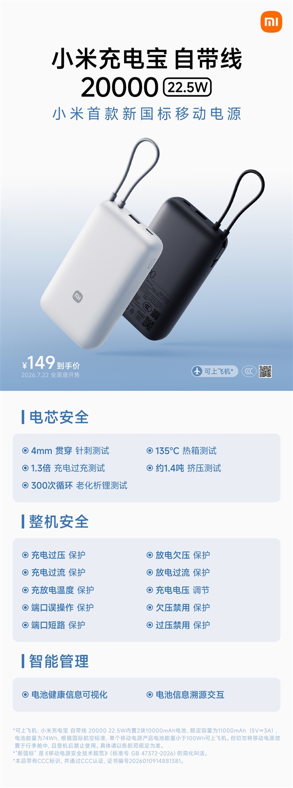 通过针刺、挤压、过充测试!小米首款新国标移动电源官宣:149元、20000mAh