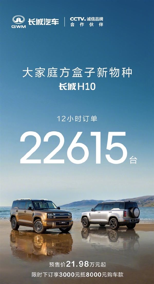 限时预售21.48万元起！长城H10卖爆了：12小时订单22615台