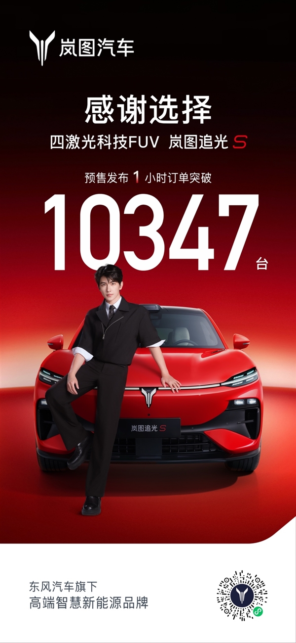 顶配30.99万!岚图追光S预售1小时订单破万:杨洋当场下订成001号车主