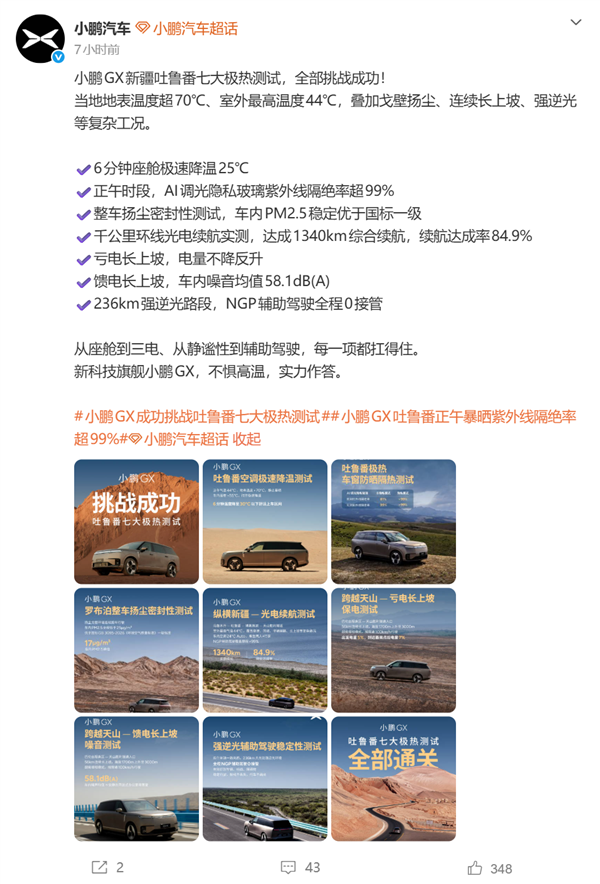 小鹏GX吐鲁番极热实测：座舱温度从55℃降至29℃仅用时6分钟