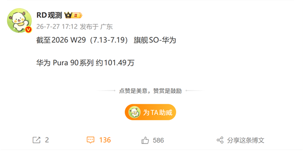 华为高端旗舰再破百万！Pura 90系列销量达101.49万台：首发麒麟9030S
