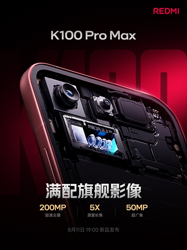 REDMI K100 Pro Max满分镜头组合揭晓:2亿主摄+5X潜望长焦+50MP超广角