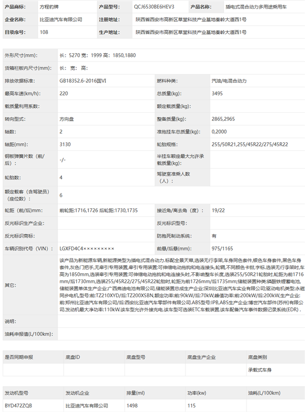 全尺寸六座硬派SUV!方程豹钛9新车申报:车长超5.2米