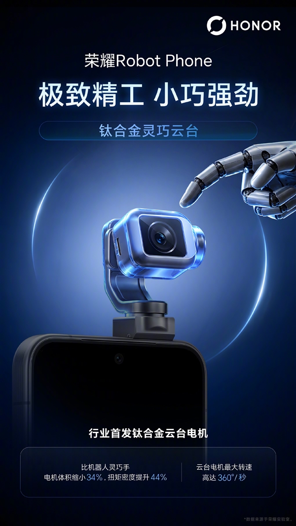 8月12日见！荣耀Robot Phone首发钛合金云台架构/电机：最大转速360°/秒