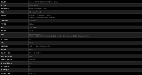 微星RTX 5080超龙DRACO规格确认:功耗360W 加速频率2775MHz