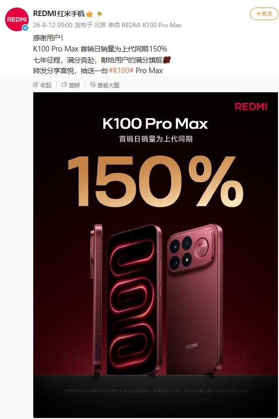 销量暴涨150%！REDMI K100 Pro Max首销战报出炉，4199元起全能旗舰热度拉满