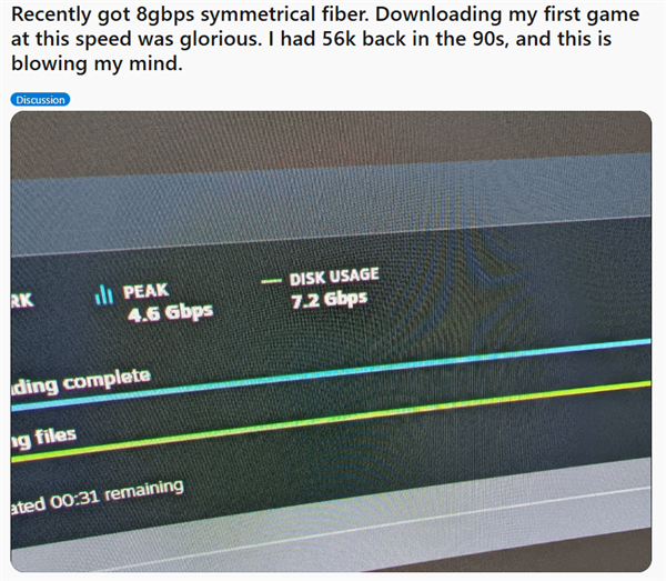 玩家晒刚开通8Gbps光纤宽带：这网速1080P文件3秒下完