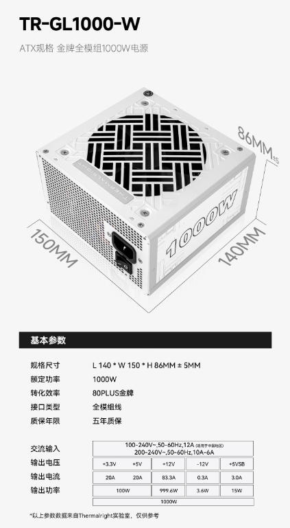 利民TR-GL1000-W金牌全模组电源上架！1000W仅429元