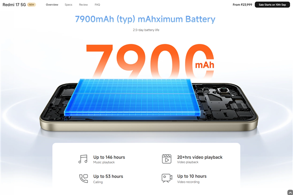 1706元起!REDMI 17 5G印度发布:骁龙4 Gen 5、7900mAh大电池
