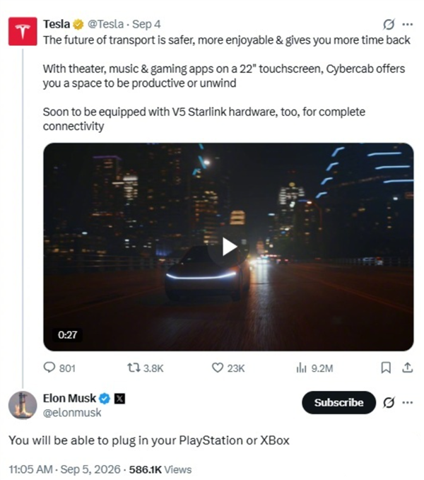 能在车里打游戏!马斯克透露:特斯拉Cybercab未来可连接PS和Xbox