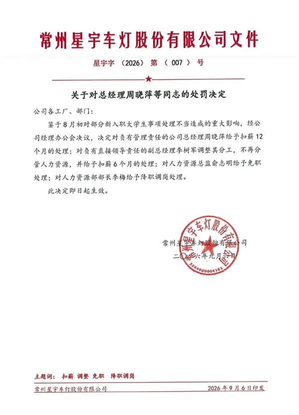 星宇车灯发布处罚公告：总经理被扣薪12个月