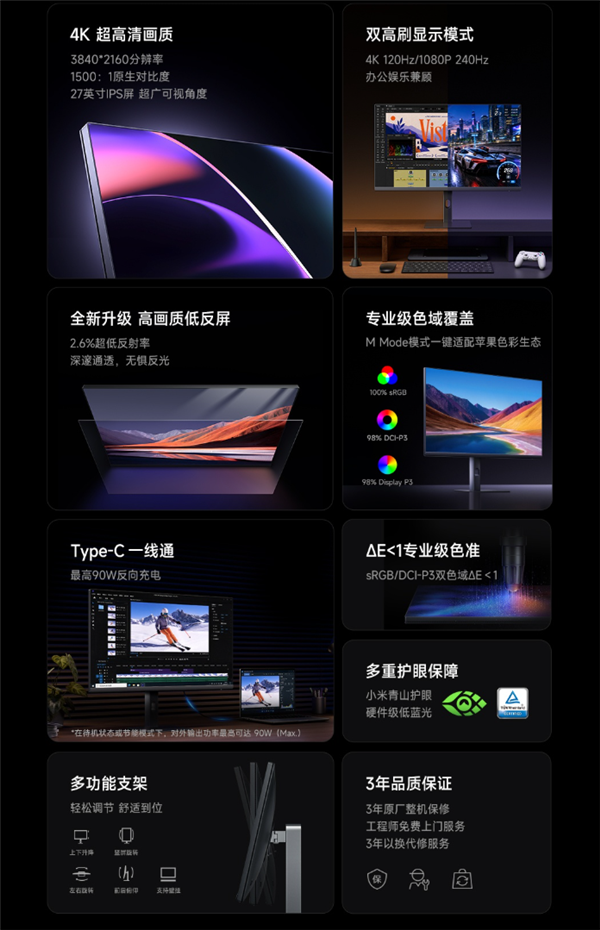 1999元 REDMI显示器A27U Type-C 120Hz 2027发布:4K超清低反屏、一键适配苹果生态色彩