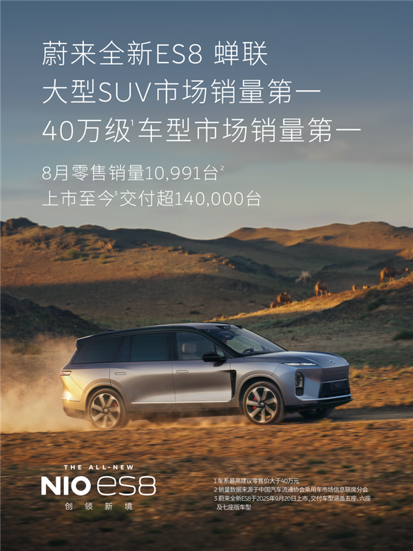 蔚来双旗舰霸榜!ES9连续三个月50万级纯电第一 全新ES8蝉联大型SUV销冠
