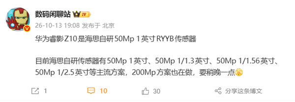手机最强巨炮!华为睿影Z10搭载海思自研1英寸RYYB传感器