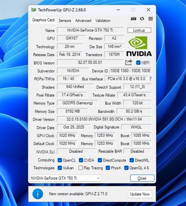 显存干到8G性能却没涨!魔改GTX 750 Ti实测:《赛博朋克2077》勉强30帧